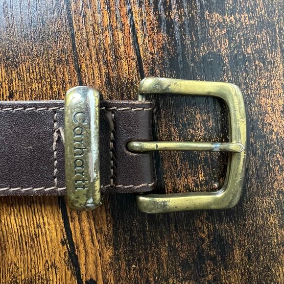 Carhartt Men's Brown Leather Belt Gold Buckle Hardward Utility Workwear Outdoors - Picture 2 of 4